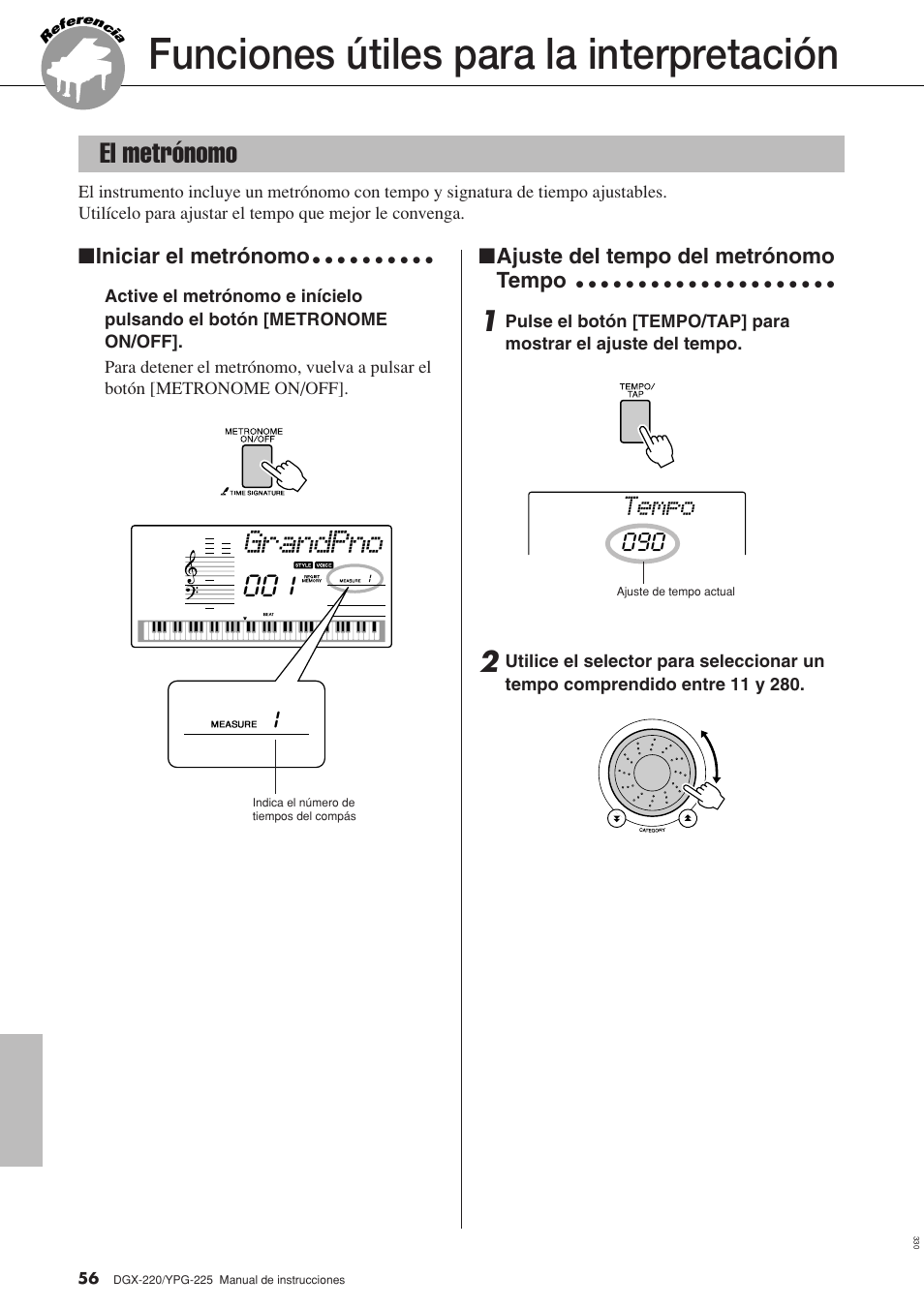 Funciones útiles para la interpretación, El metrónomo, Grandpno | El metrónomo 001, Tempo | Yamaha DGX-220 User Manual | Page 56 / 124