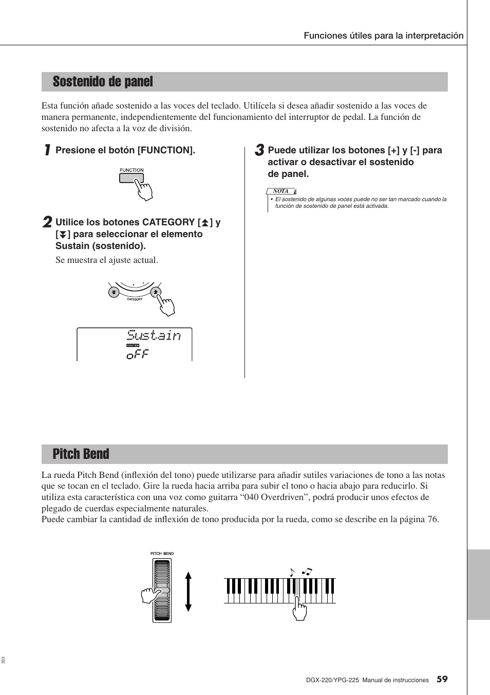 Sostenido de panel, Pitch bend, Sostenido de panel pitch bend | Sustain | Yamaha DGX-220 User Manual | Page 59 / 124