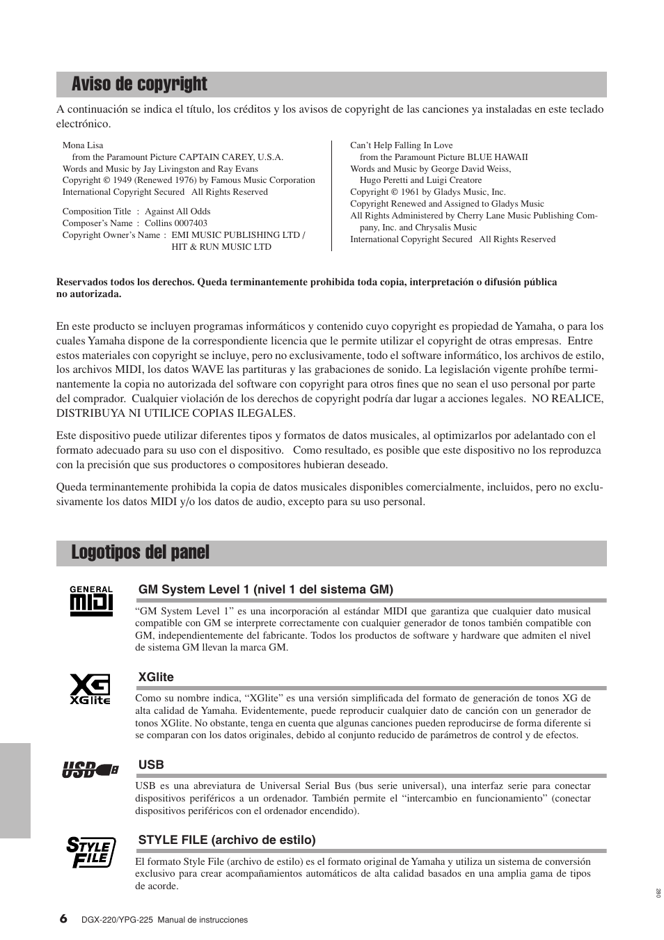 Aviso de copyright, Logotipos del panel, Aviso de copyright logotipos del panel | Yamaha DGX-220 User Manual | Page 6 / 124
