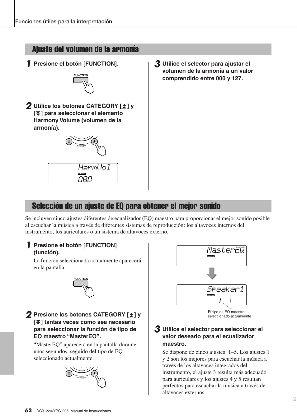 Ajuste del volumen de la armonía, Harmvol, Speaker1 mastereq | Yamaha DGX-220 User Manual | Page 62 / 124