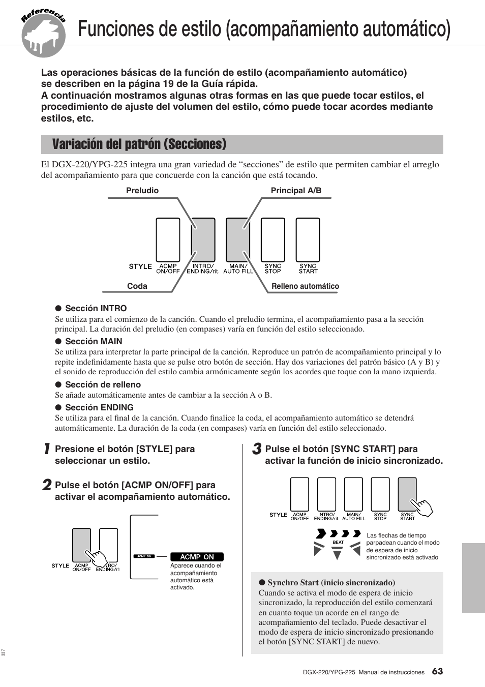 Funciones de estilo (acompañamiento automático), Variación del patrón (secciones) | Yamaha DGX-220 User Manual | Page 63 / 124