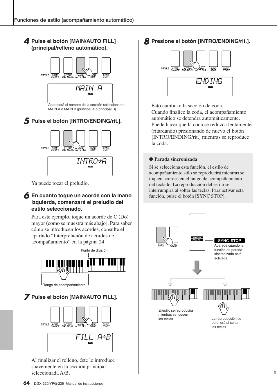 Main a, Intro≥a, Fill a≥b | Ending | Yamaha DGX-220 User Manual | Page 64 / 124