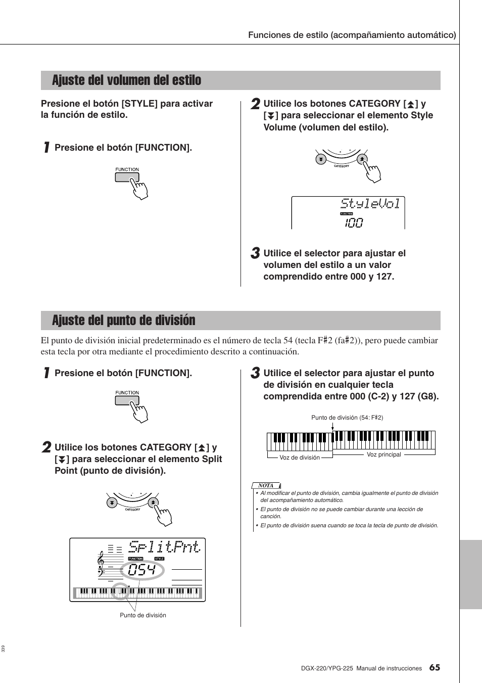 Ajuste del volumen del estilo, Ajuste del punto de división, Splitpnt | Stylevol | Yamaha DGX-220 User Manual | Page 65 / 124
