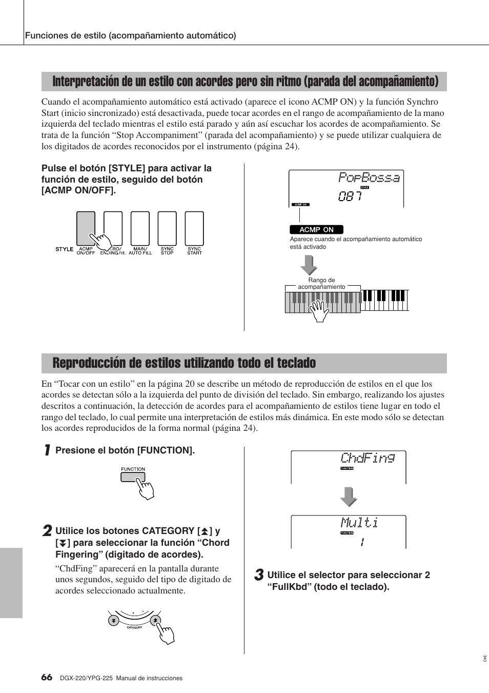 Reproducción de estilos utilizando todo el teclado, Parada del acompañamiento), Popbossa | Multi chdfing | Yamaha DGX-220 User Manual | Page 66 / 124