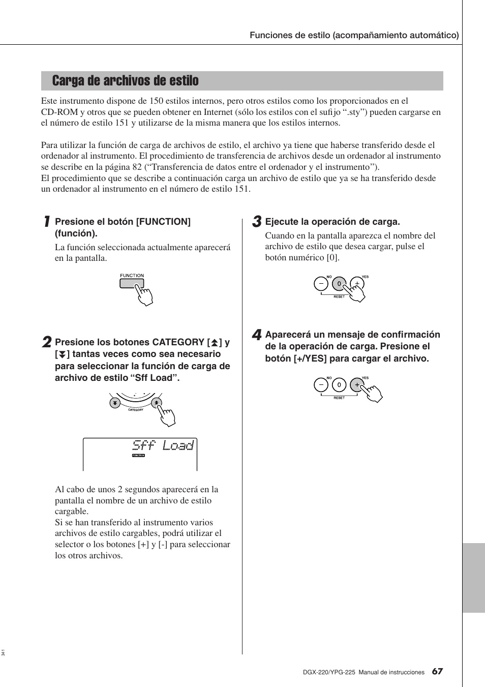 Carga de archivos de estilo, Sff load | Yamaha DGX-220 User Manual | Page 67 / 124