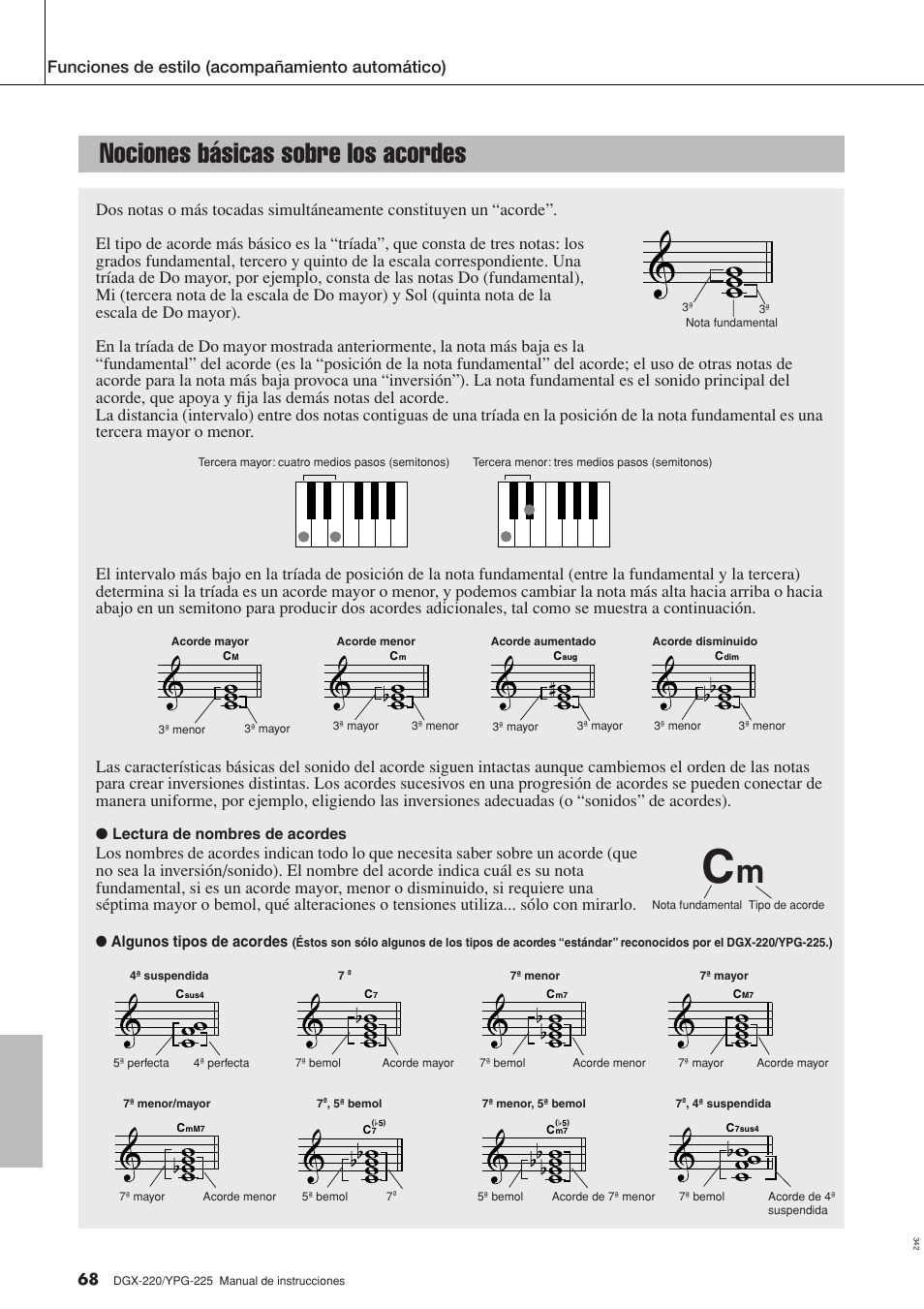 Nociones básicas sobre los acordes, Lectura de nombres de acordes, Algunos tipos de acordes | Yamaha DGX-220 User Manual | Page 68 / 124