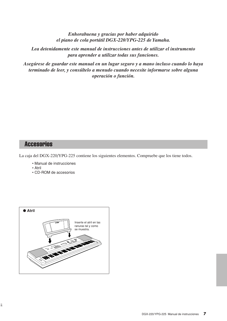 Accesorios | Yamaha DGX-220 User Manual | Page 7 / 124