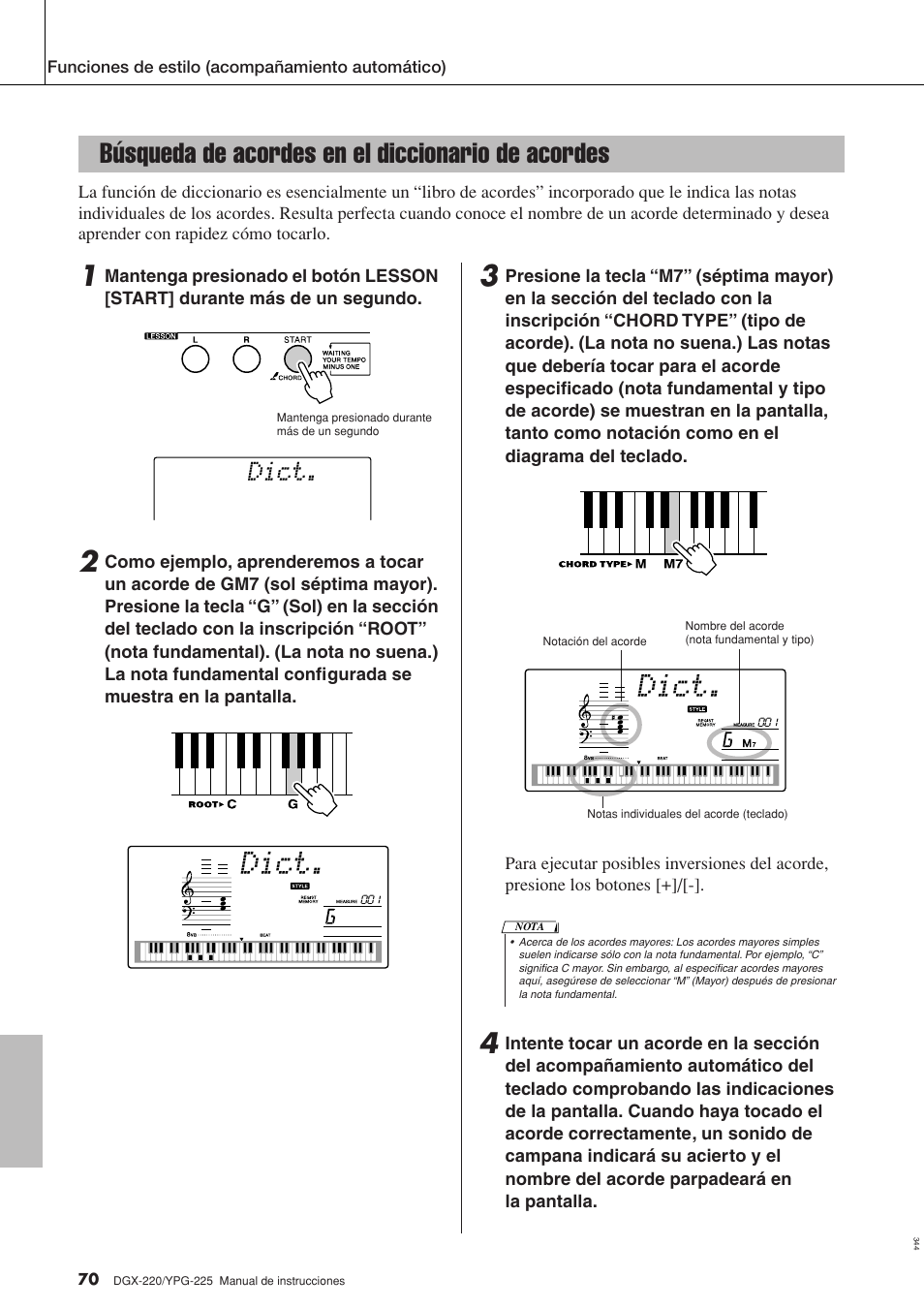 Búsqueda de acordes en el diccionario de acordes, Dict | Yamaha DGX-220 User Manual | Page 70 / 124