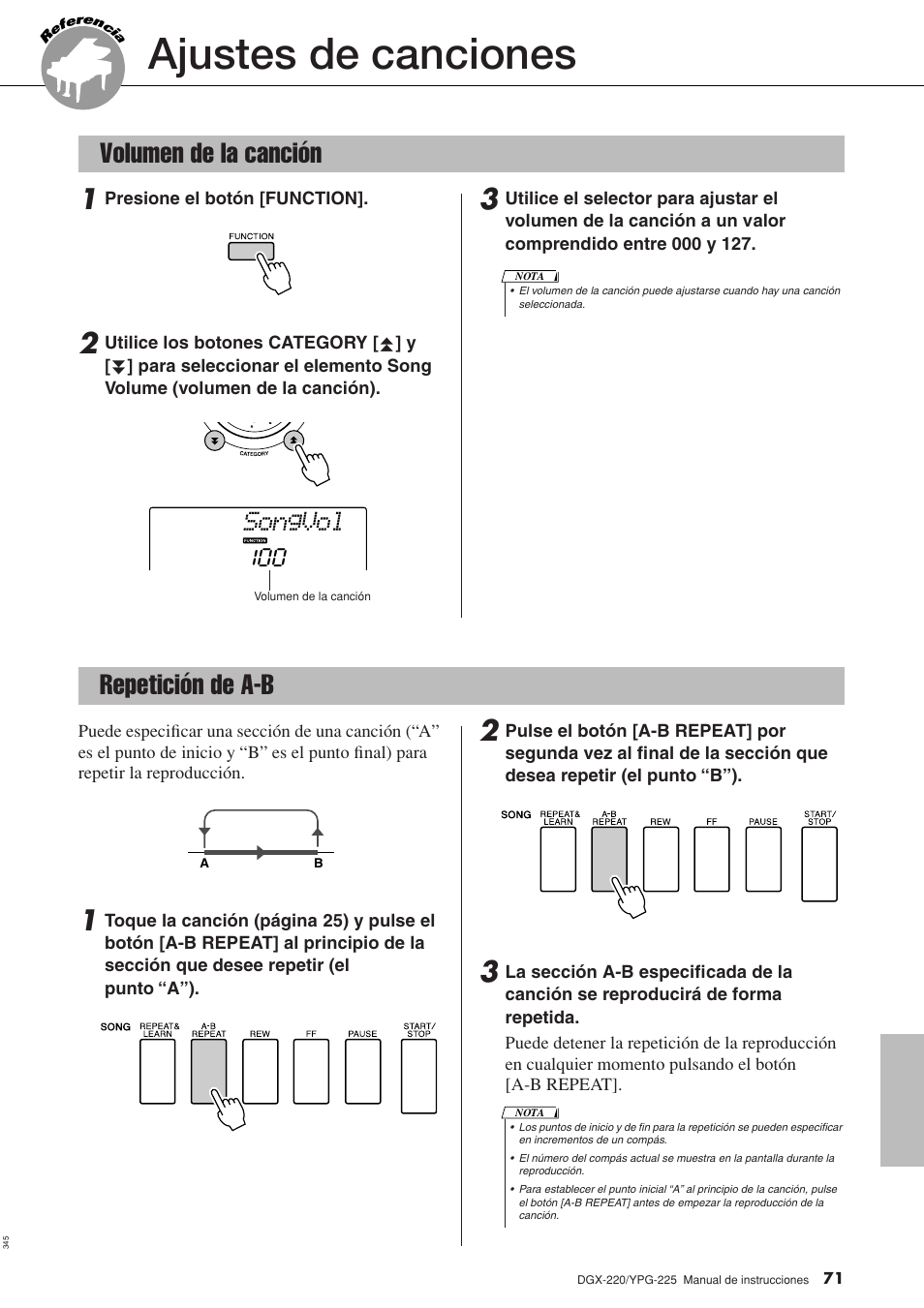 Ajustes de canciones, Volumen de la canción, Repetición de a-b | Volumen de la canción repetición de a-b, Songvol | Yamaha DGX-220 User Manual | Page 71 / 124