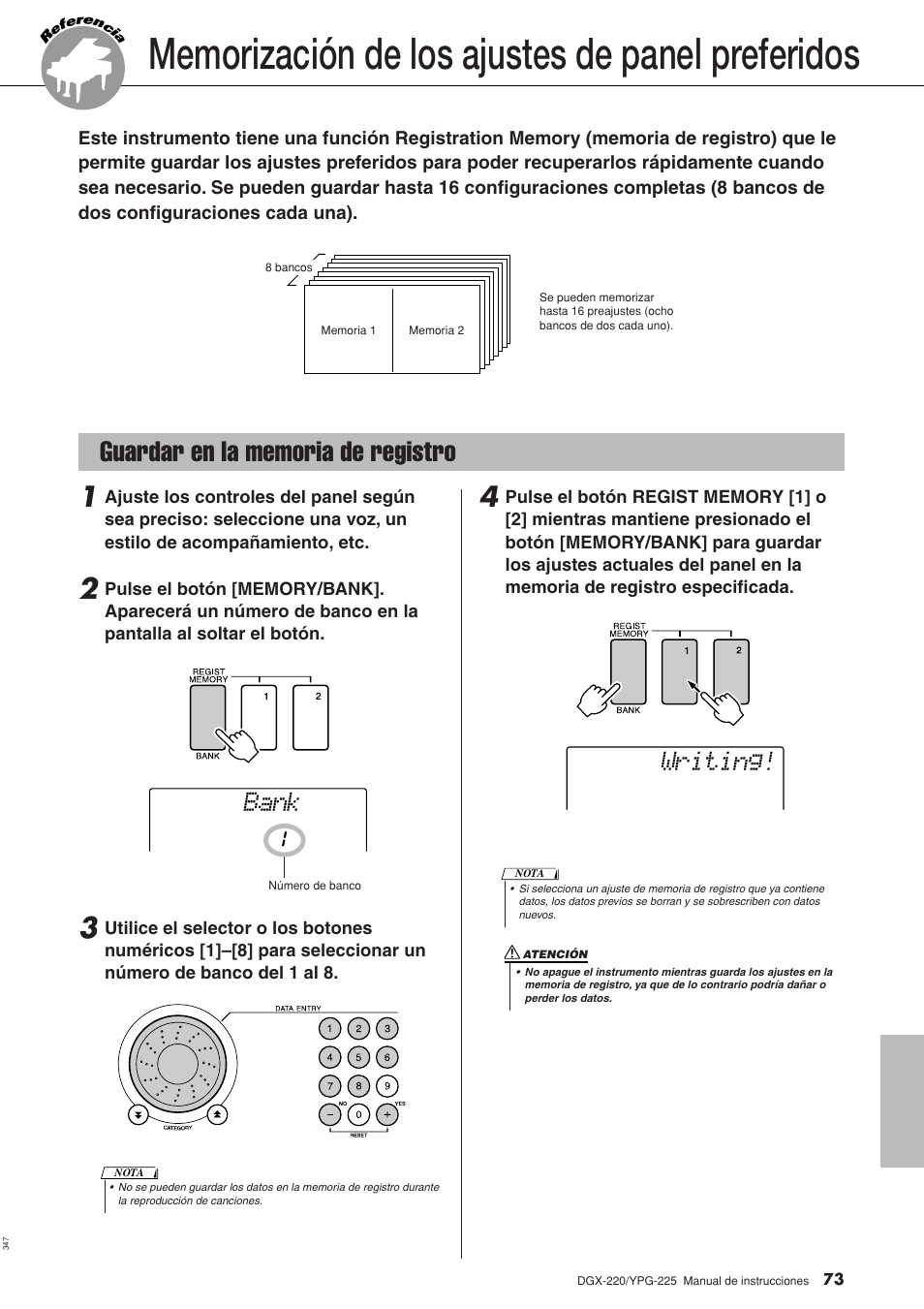 Memorización de los ajustes de panel preferidos, Guardar en la memoria de registro, Bank | Writing | Yamaha DGX-220 User Manual | Page 73 / 124