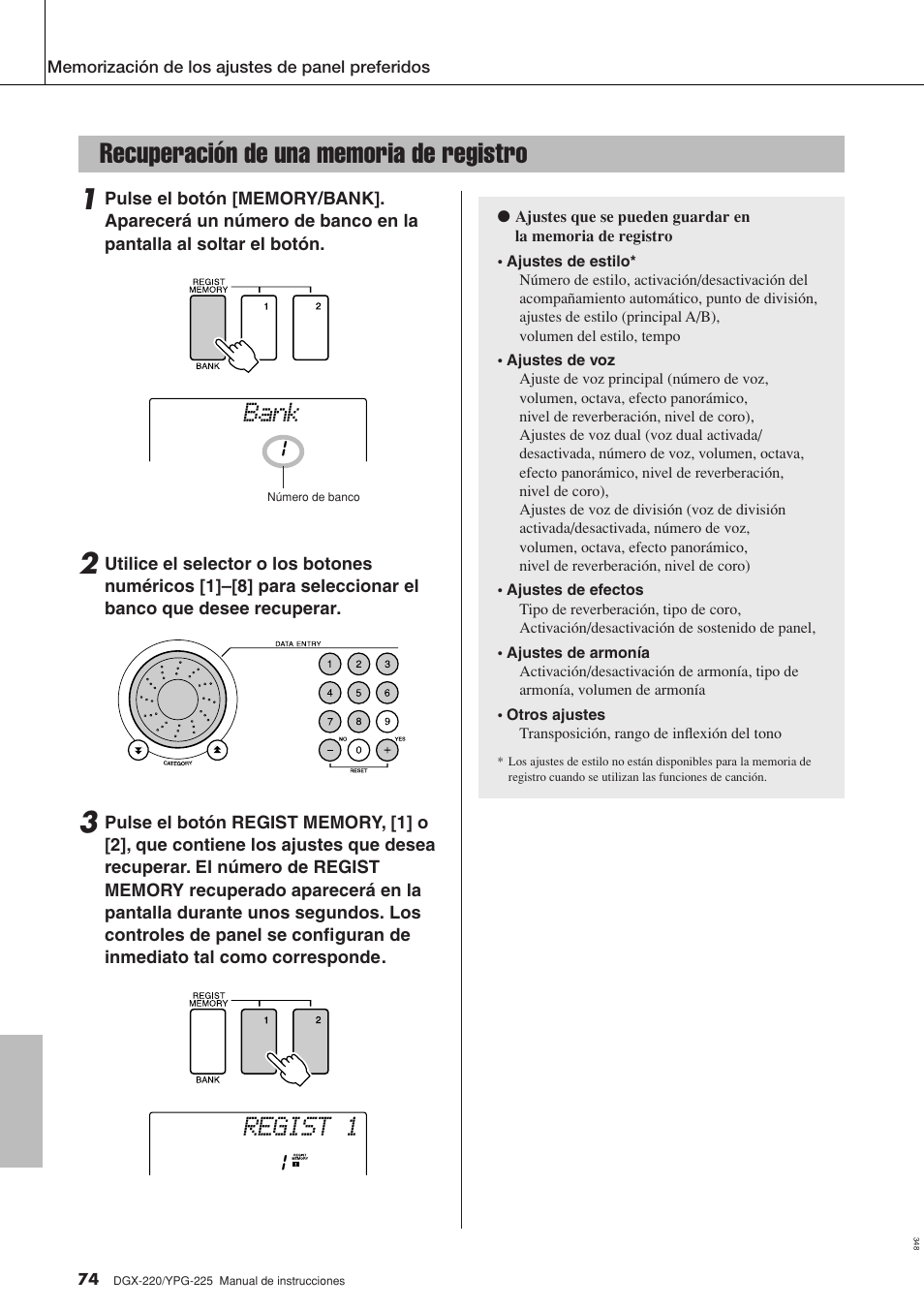 Recuperación de una memoria de registro, Bank regist 1 | Yamaha DGX-220 User Manual | Page 74 / 124