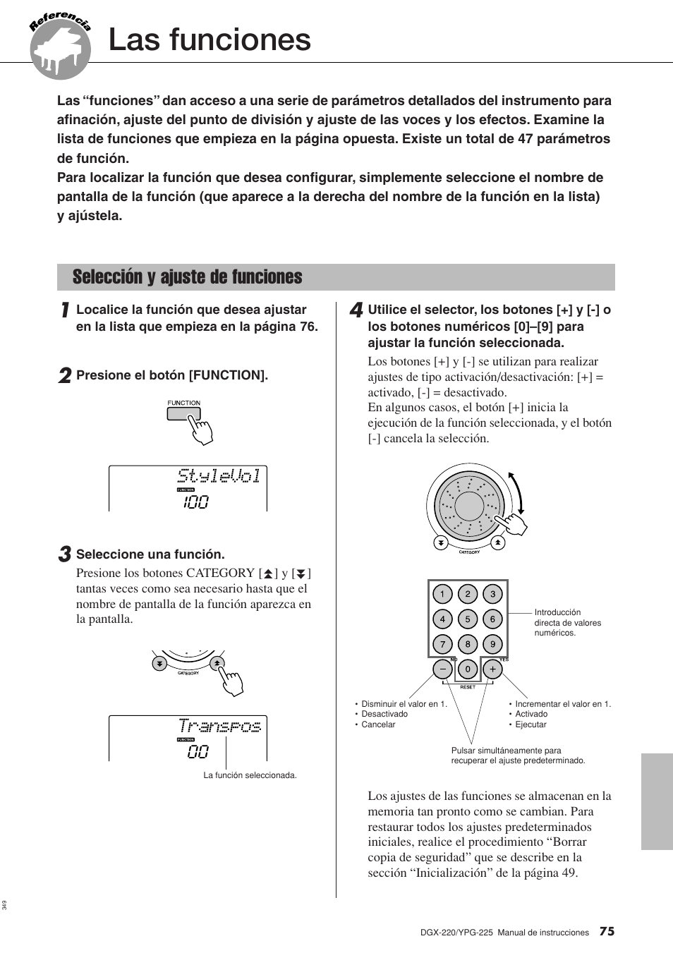 Las funciones, Selección y ajuste de funciones, Stylevol | Transpos | Yamaha DGX-220 User Manual | Page 75 / 124