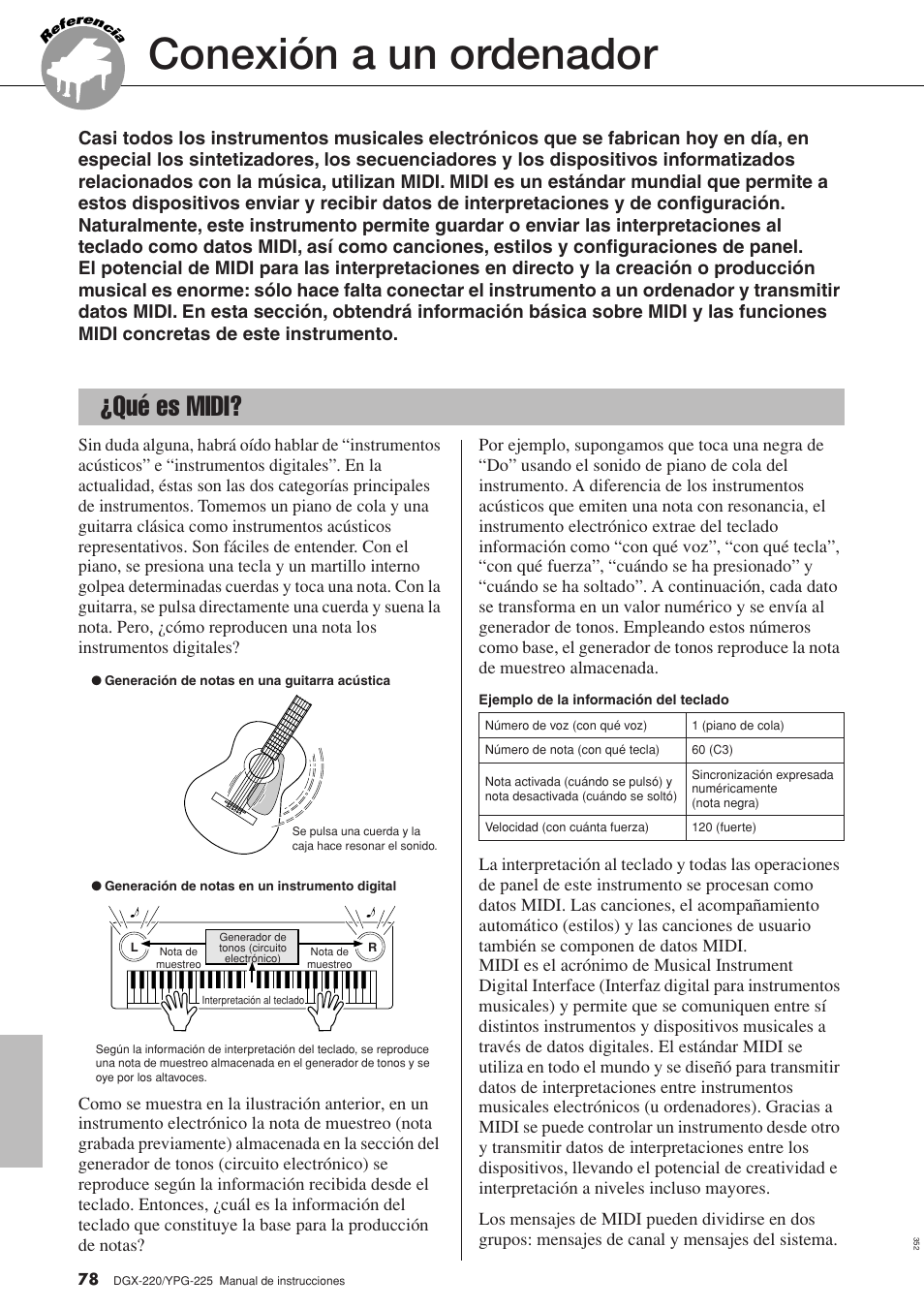 Conexión a un ordenador, Qué es midi | Yamaha DGX-220 User Manual | Page 78 / 124