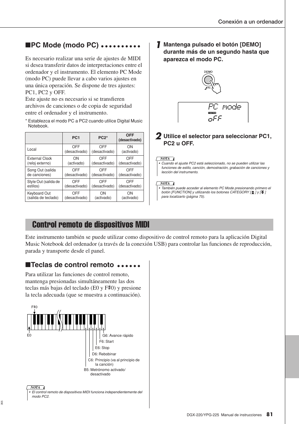 Control remoto de dispositivos midi, Pc mode, Pc mode (modo pc) | Teclas de control remoto, Conexión a un ordenador | Yamaha DGX-220 User Manual | Page 81 / 124