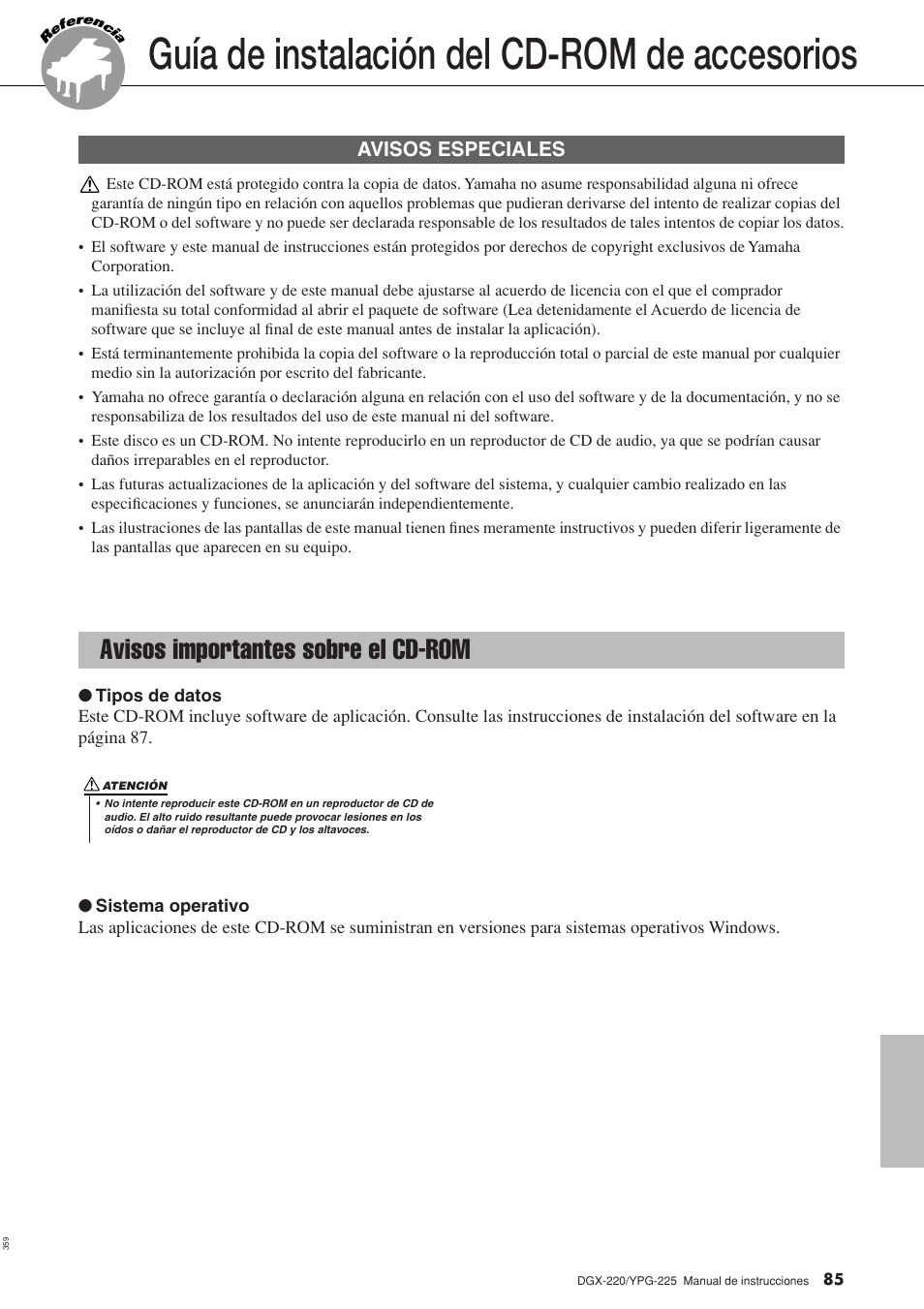 Guía de instalación del cd-rom de accesorios, Avisos importantes sobre el cd-rom, Avisos especiales | Yamaha DGX-220 User Manual | Page 85 / 124