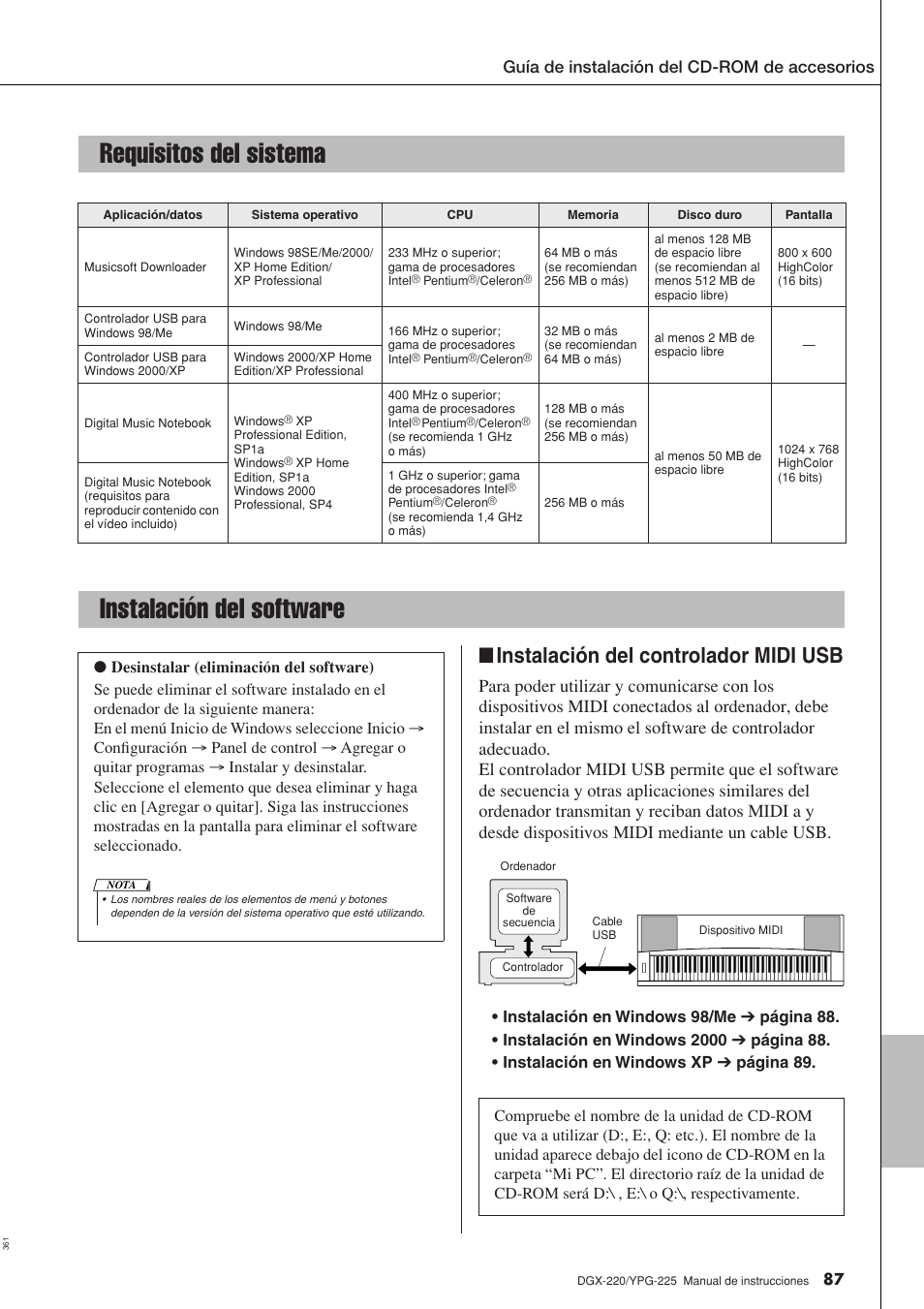 Requisitos del sistema, Instalación del software, Requisitos del sistema instalación del software | Instalación del controlador midi usb, Guía de instalación del cd-rom de accesorios | Yamaha DGX-220 User Manual | Page 87 / 124