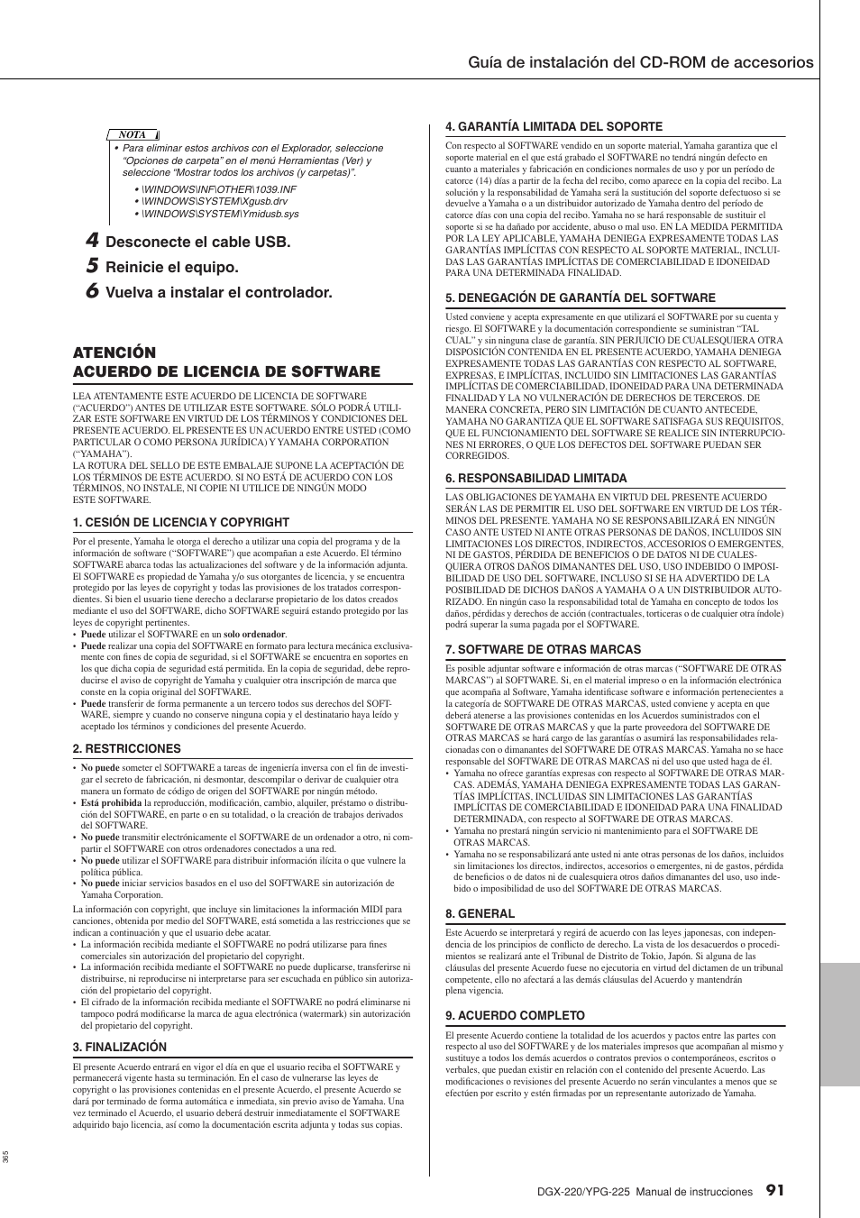Guía de instalación del cd-rom de accesorios, Desconecte el cable usb, Reinicie el equipo | Yamaha DGX-220 User Manual | Page 91 / 124
