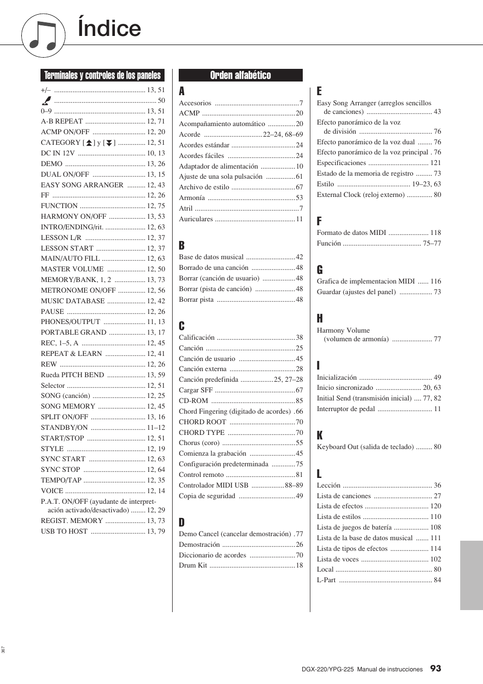 Índice | Yamaha DGX-220 User Manual | Page 93 / 124