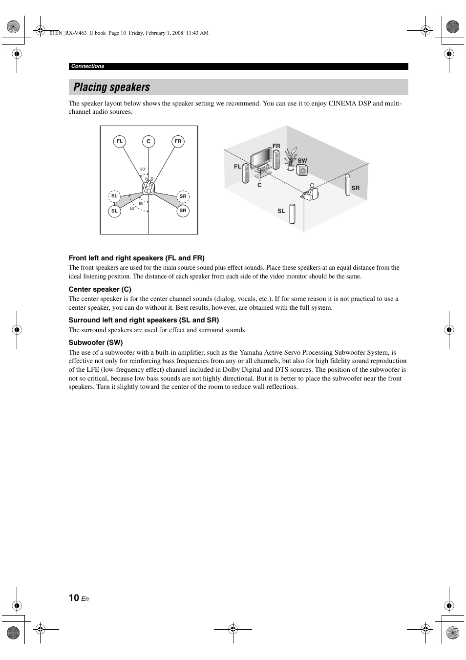 Placing speakers | Yamaha RX-V463 User Manual | Page 14 / 106