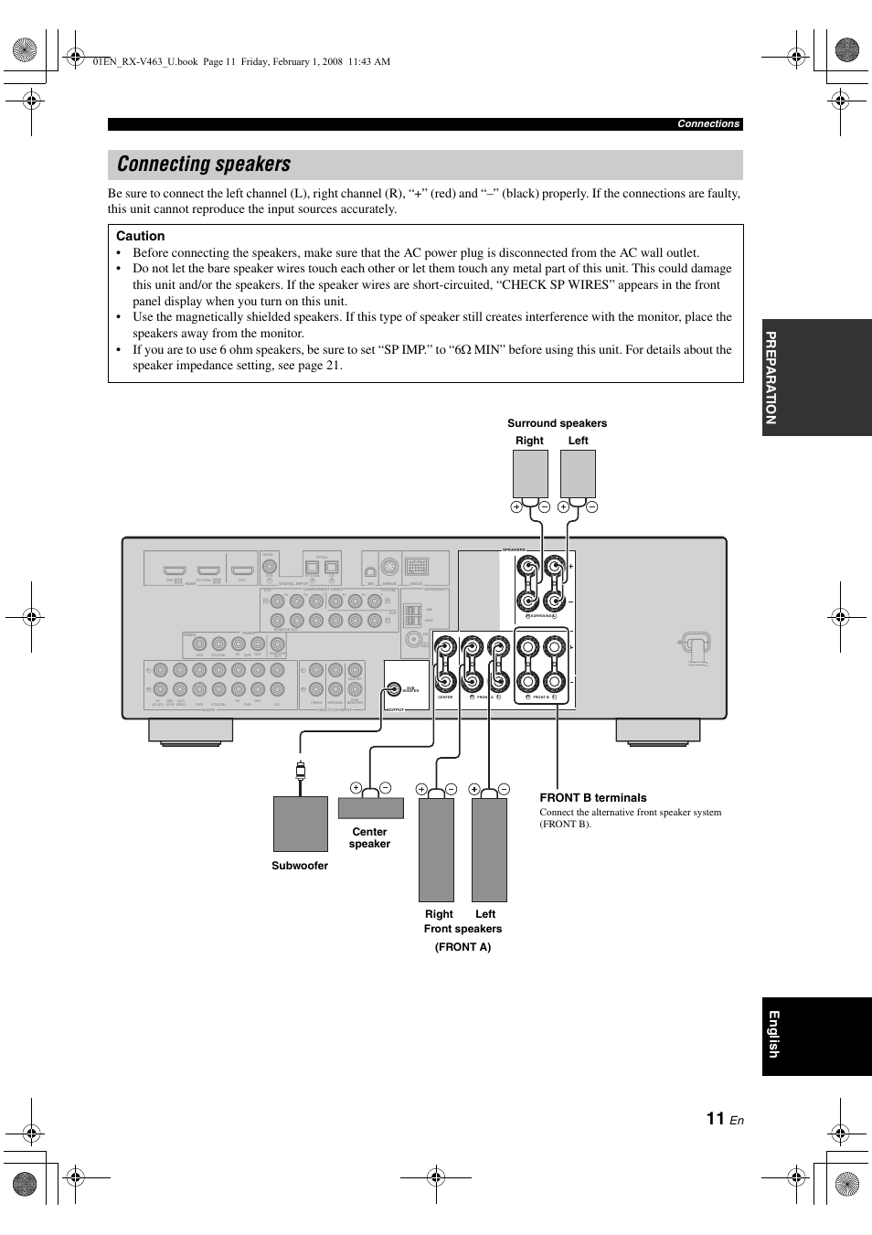 Connecting speakers, P. 11, Connections | Yamaha RX-V463 User Manual | Page 15 / 106