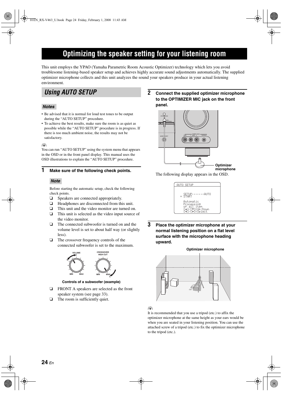 Using auto setup, Optimizing the speaker setting, For your listening room | P. 24 | Yamaha RX-V463 User Manual | Page 28 / 106