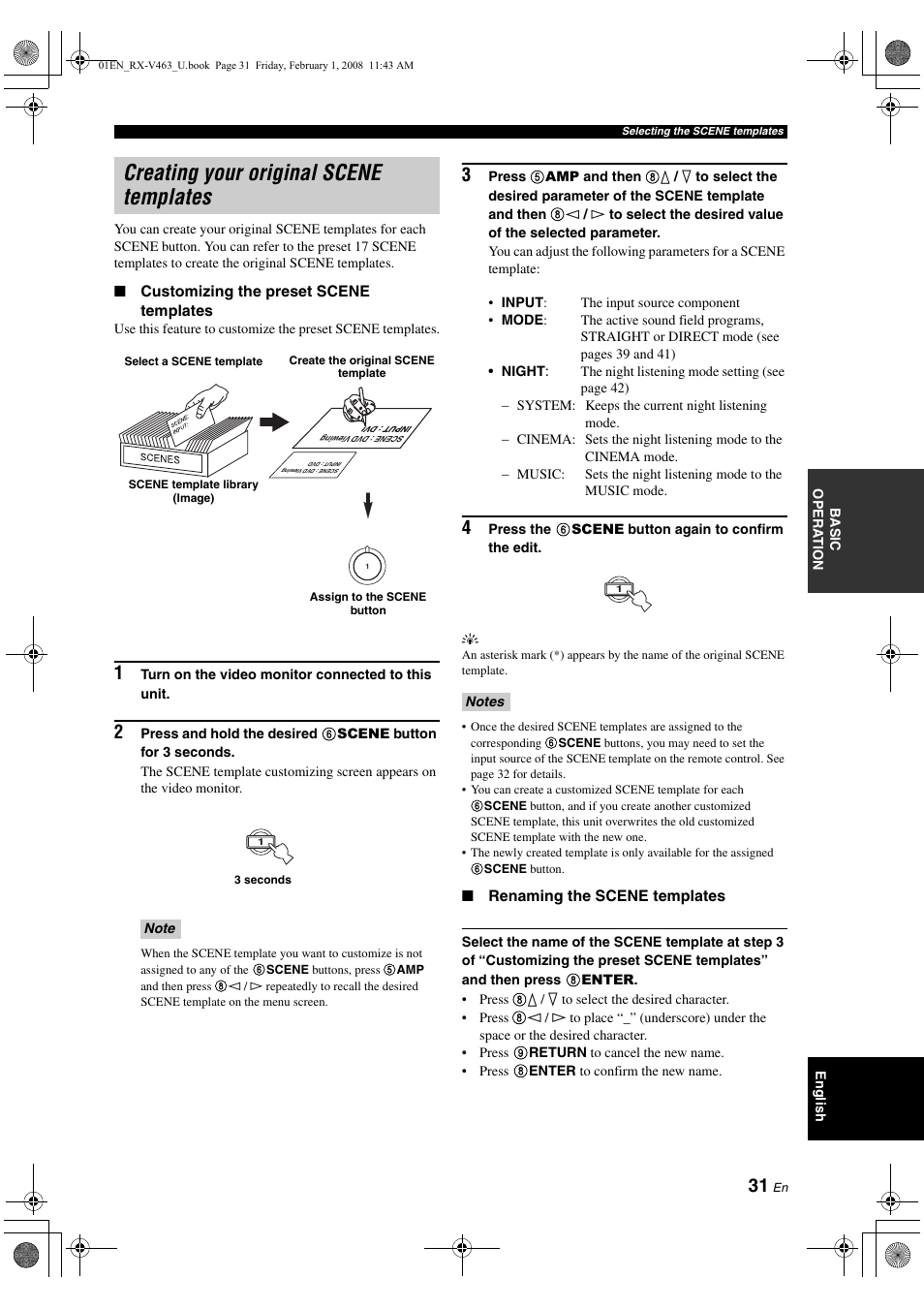 Creating your original scene templates, P. 31 | Yamaha RX-V463 User Manual | Page 35 / 106