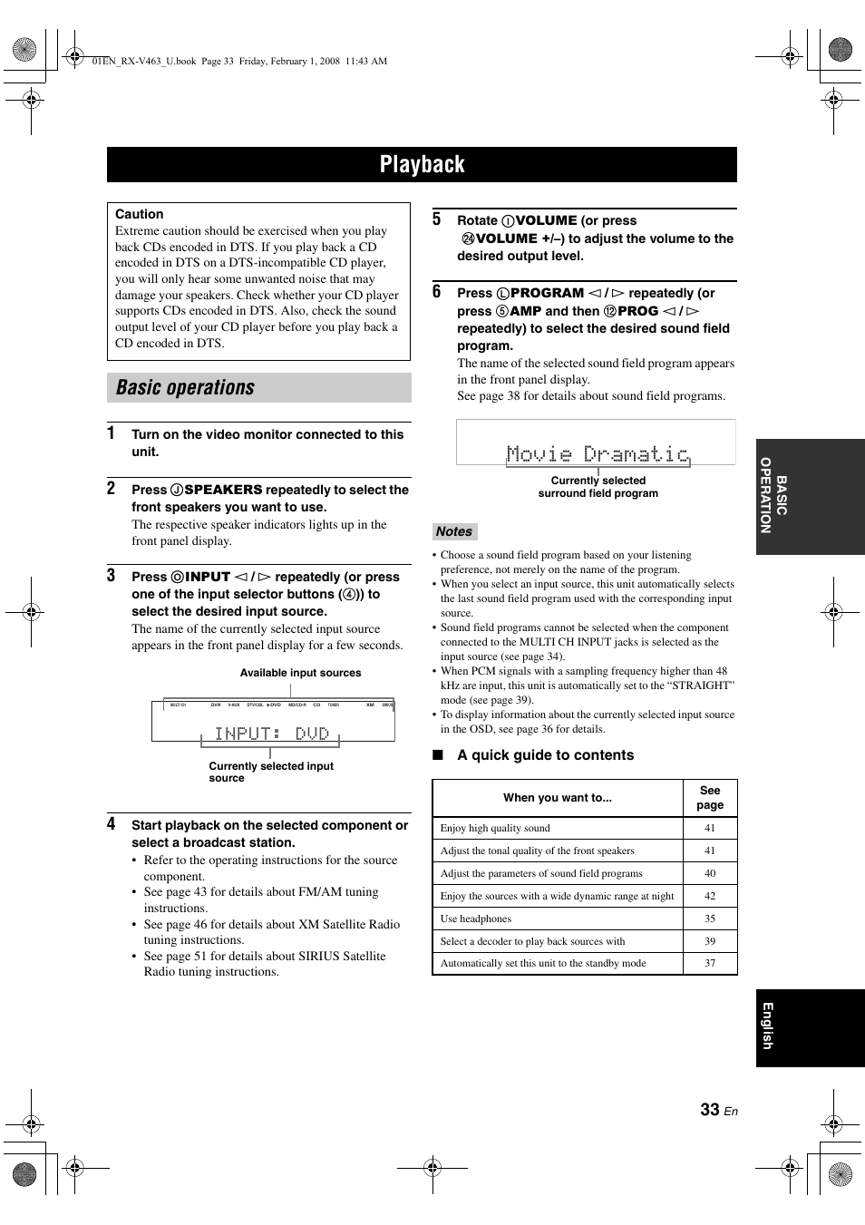 Playback, Basic operations, P. 33 | Movie dramatic, Input: dvd | Yamaha RX-V463 User Manual | Page 37 / 106