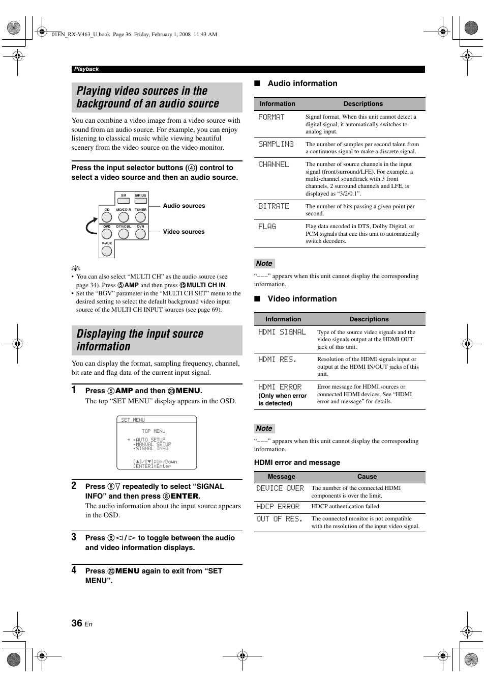 Displaying the input source information, Source | Yamaha RX-V463 User Manual | Page 40 / 106