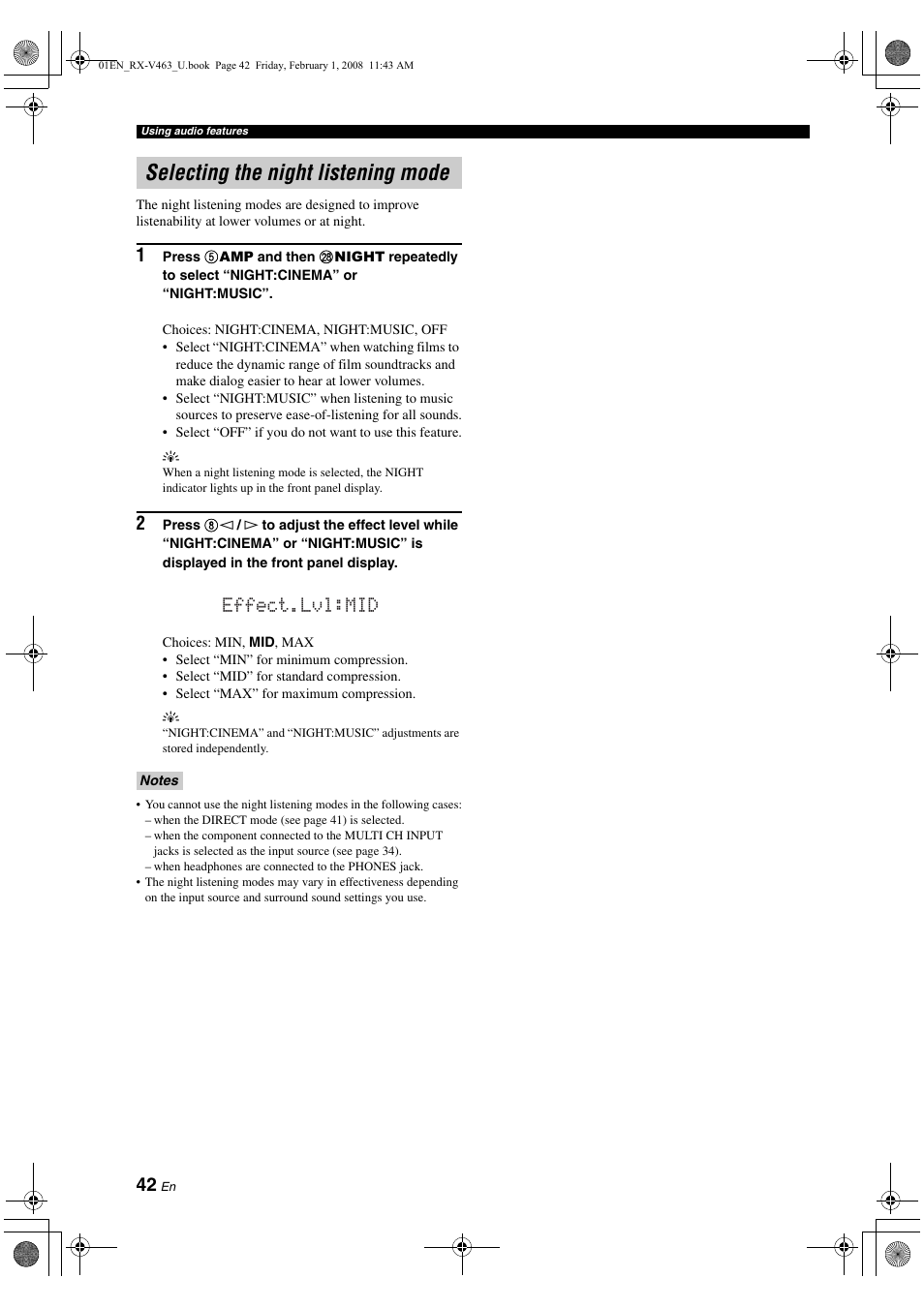 Selecting the night listening mode, Effect.lvl:mid | Yamaha RX-V463 User Manual | Page 46 / 106