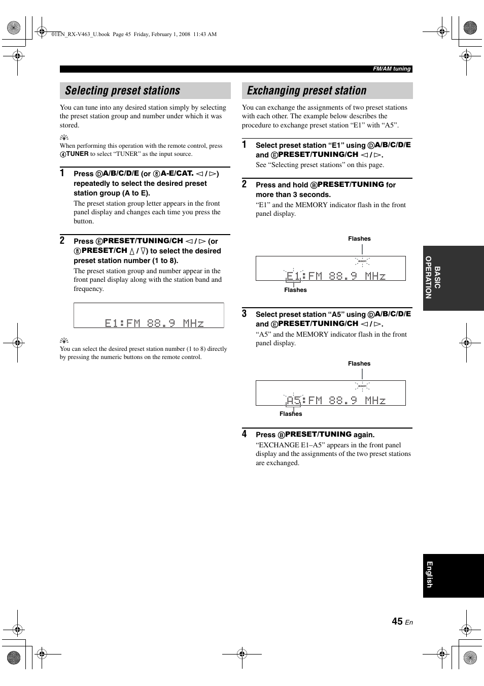 Selecting preset stations, Exchanging preset station, E1:fm 88.9 mhz | A5:fm 88.9 mhz | Yamaha RX-V463 User Manual | Page 49 / 106