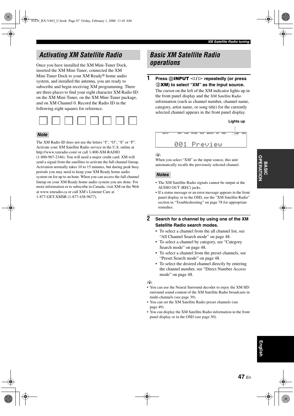 Activating xm satellite radio, Basic xm satellite radio operations, 001 preview | Yamaha RX-V463 User Manual | Page 51 / 106