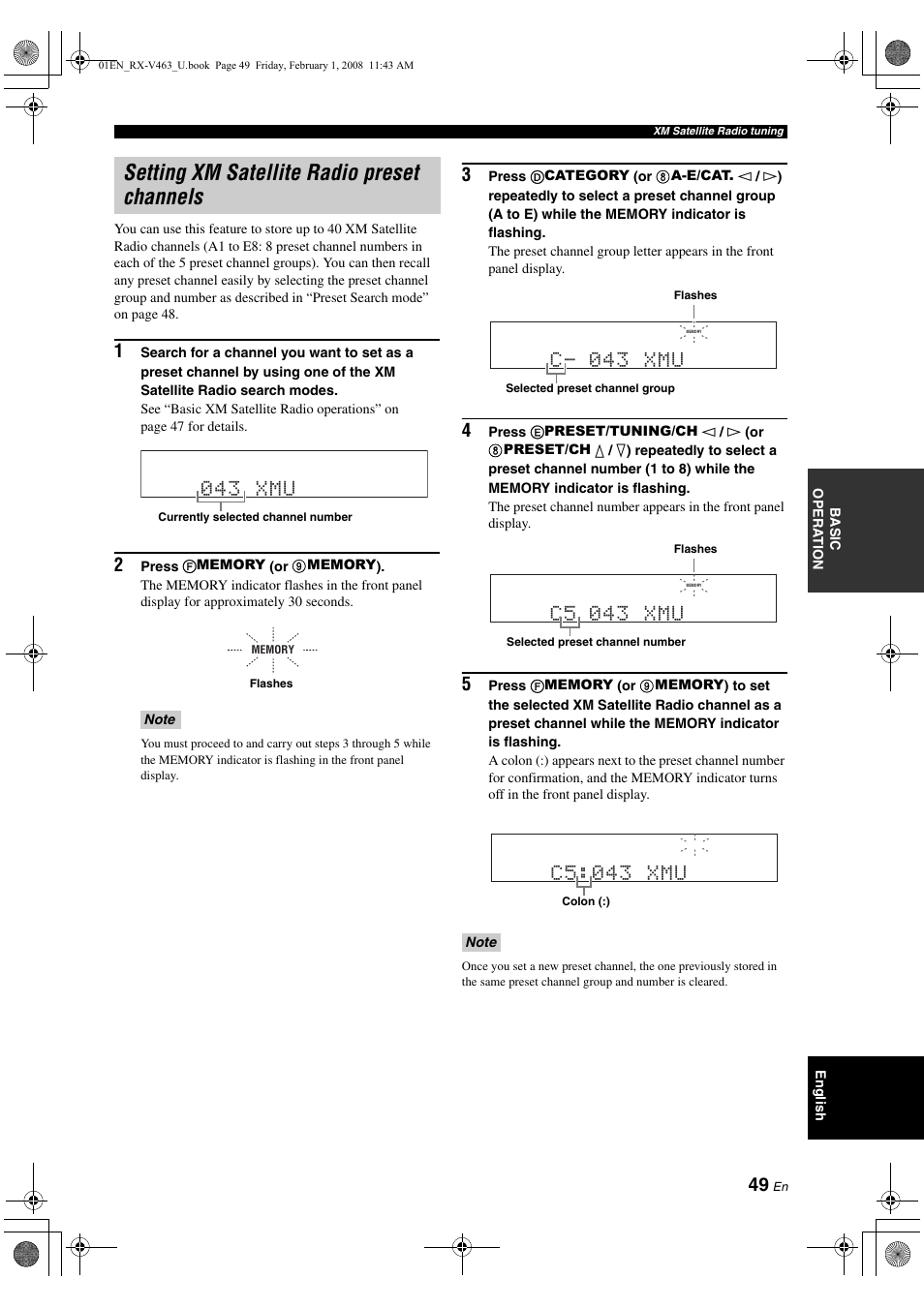 Setting xm satellite radio preset channels, Channels (see, 043 xmu | C- 043 xmu, C5 043 xmu, C5:043 xmu | Yamaha RX-V463 User Manual | Page 53 / 106