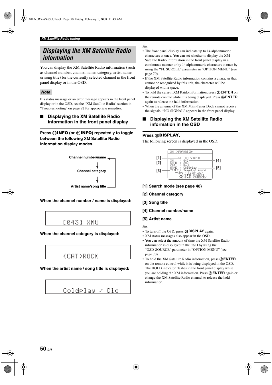 Displaying the xm satellite radio information, Cat>rock coldplay / clo, 043] xmu | Yamaha RX-V463 User Manual | Page 54 / 106