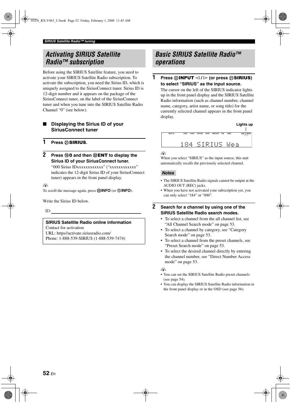 Activating sirius satellite radio™ subscription, Basic sirius satellite radio™ operations, 184 sirius wea | Yamaha RX-V463 User Manual | Page 56 / 106