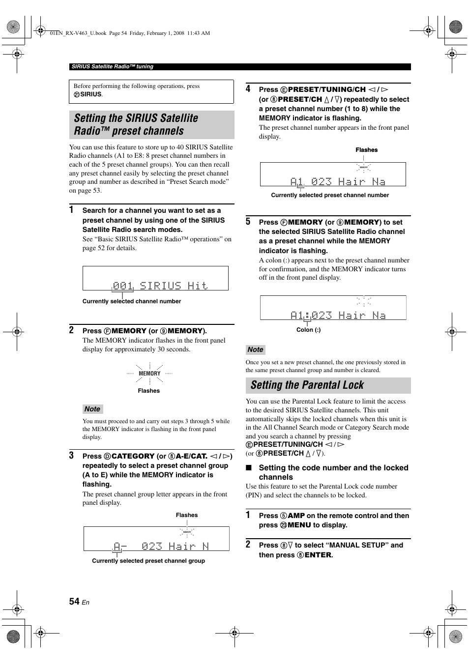 Setting the parental lock, Setting the sirius satellite radio™ preset, Channels | 001 sirius hit, A- 023 hair n, A1 023 hair na, A1:023 hair na | Yamaha RX-V463 User Manual | Page 58 / 106