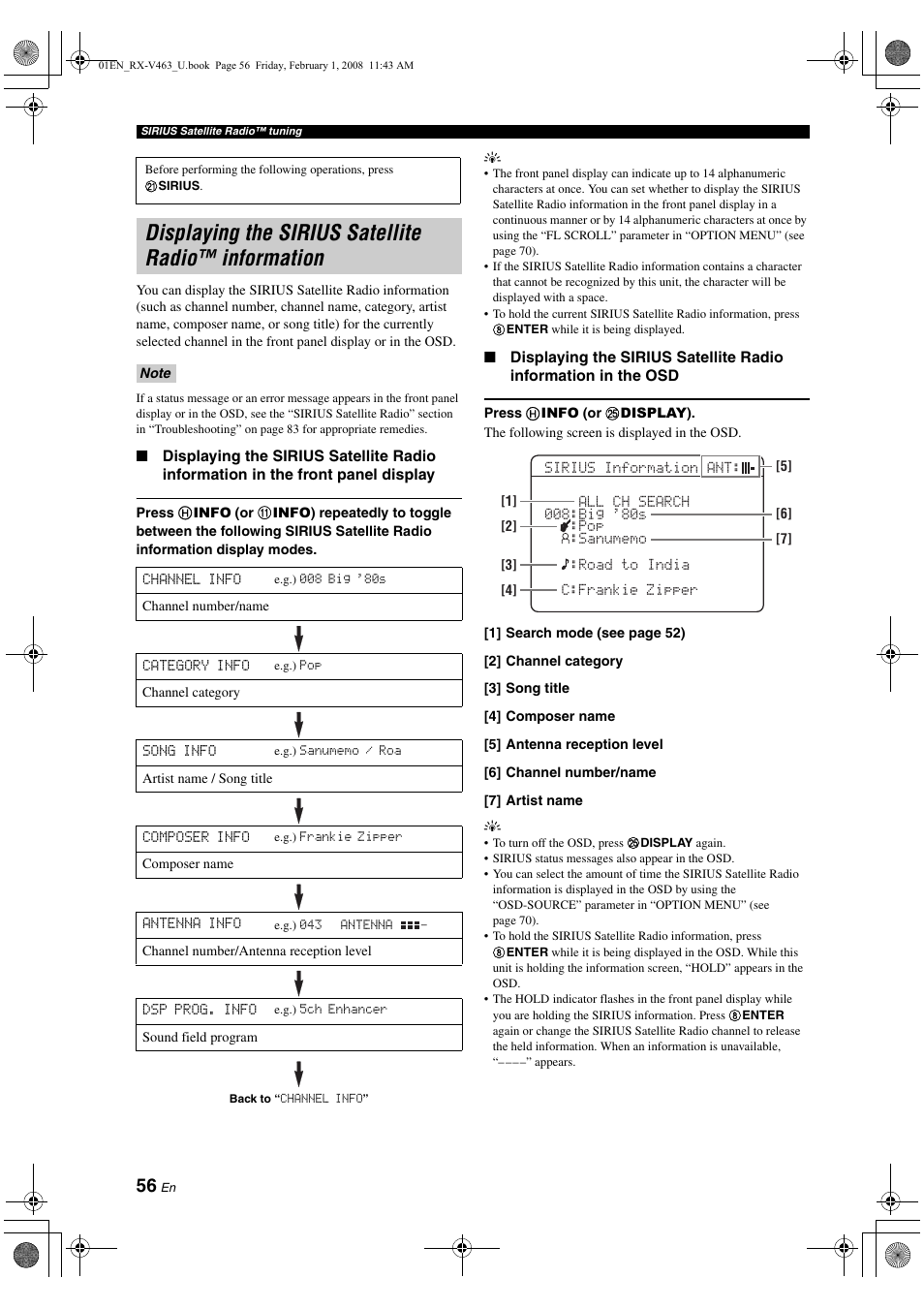 Displaying the sirius satellite radio™ information, Displaying the sirius satellite radio, Information | Yamaha RX-V463 User Manual | Page 60 / 106