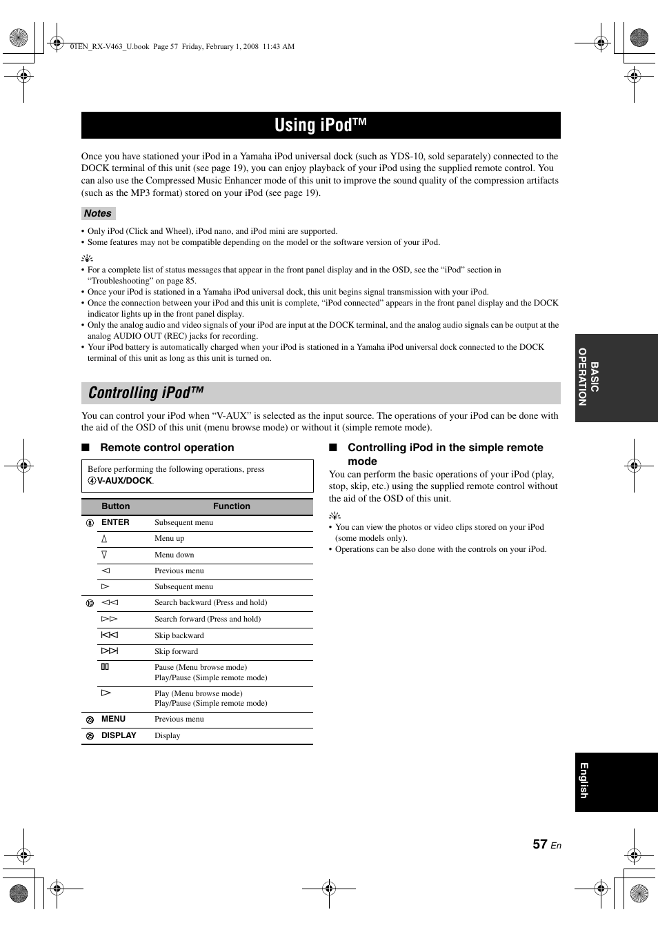Using ipod, Controlling ipod, P. 57 | Yamaha RX-V463 User Manual | Page 61 / 106