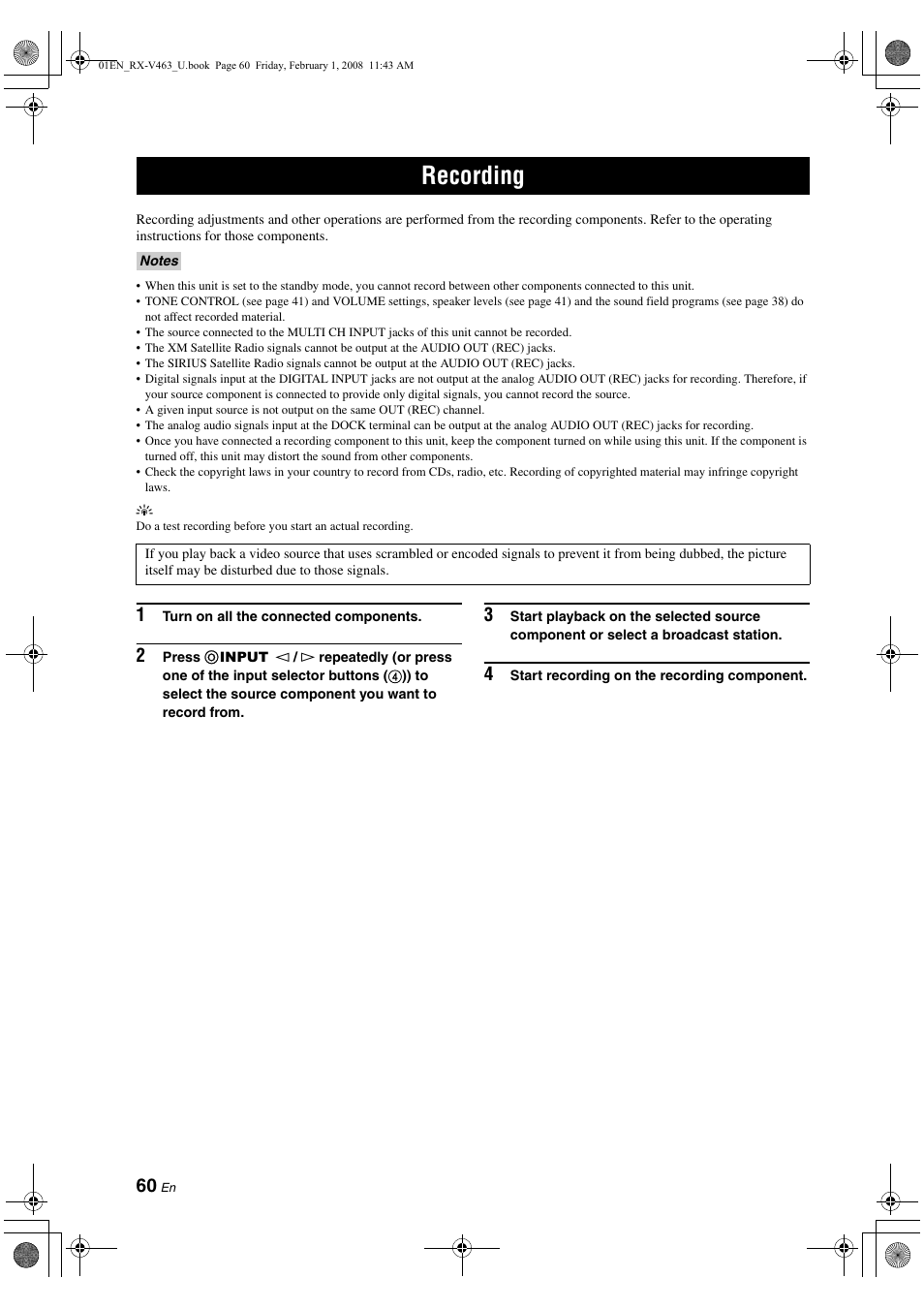 Recording | Yamaha RX-V463 User Manual | Page 64 / 106