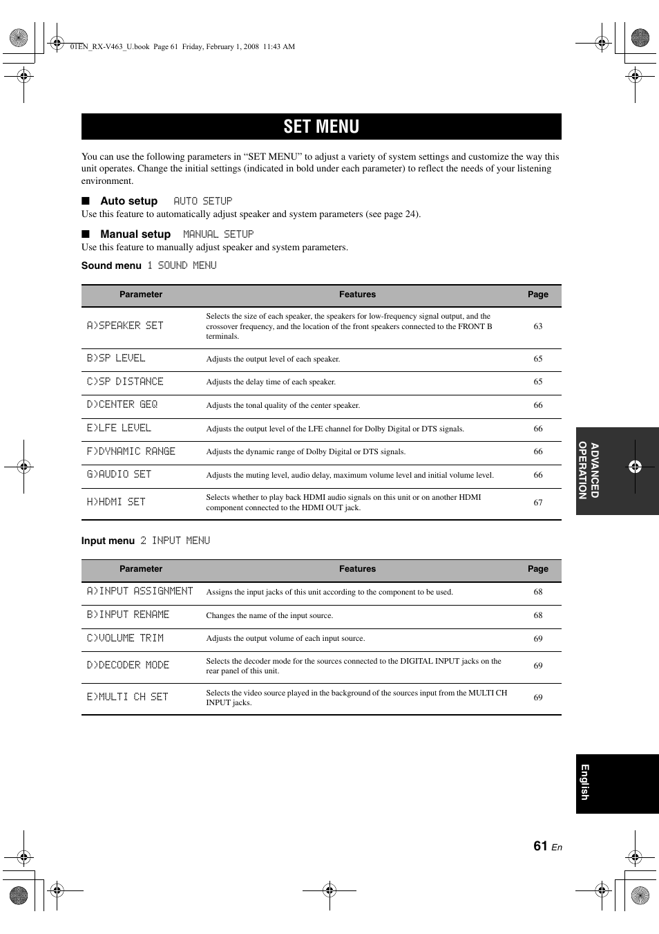 Set menu, P. 61 | Yamaha RX-V463 User Manual | Page 65 / 106