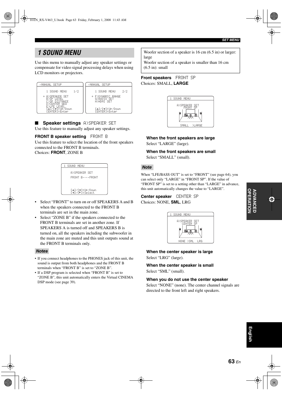 1 sound menu | Yamaha RX-V463 User Manual | Page 67 / 106