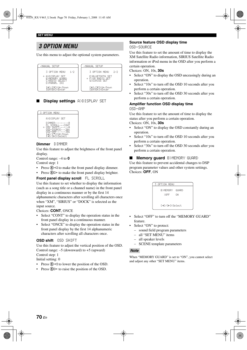 3 option menu | Yamaha RX-V463 User Manual | Page 74 / 106