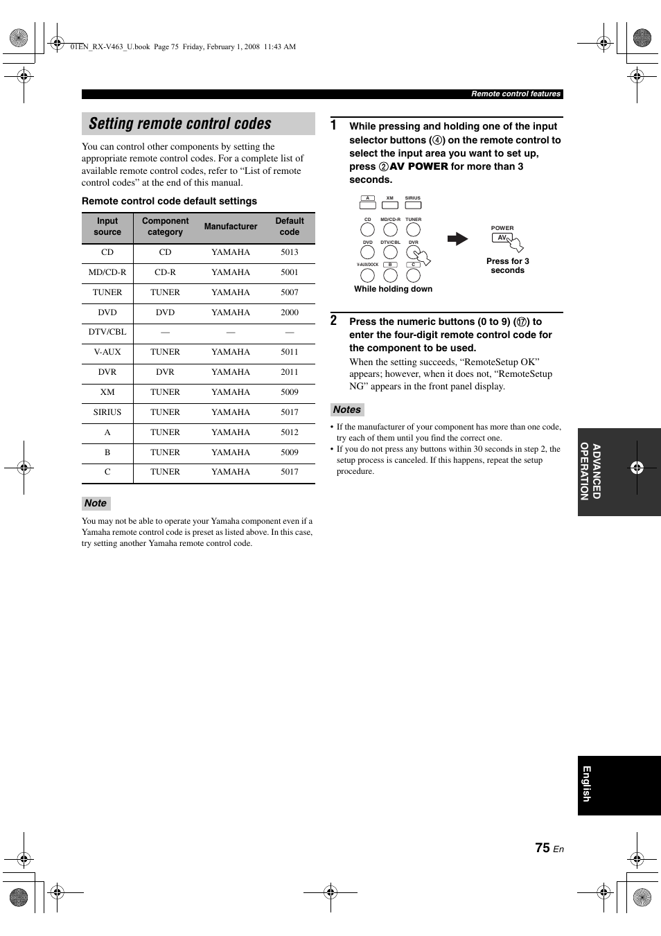 Setting remote control codes | Yamaha RX-V463 User Manual | Page 79 / 106