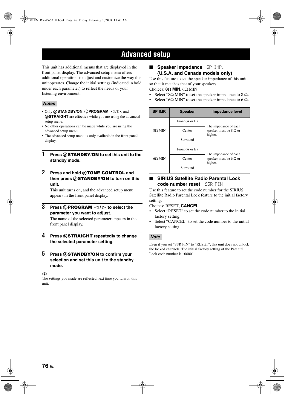 Advanced setup, P. 76 | Yamaha RX-V463 User Manual | Page 80 / 106