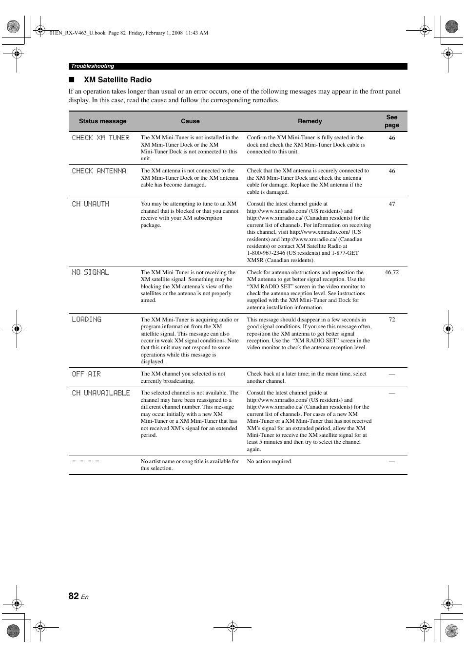 See the “xm satellite radio, The “xm satellite radio” section in | Yamaha RX-V463 User Manual | Page 86 / 106