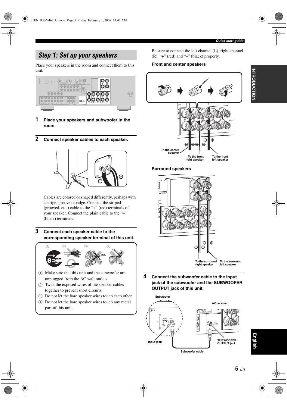 Step 1: set up your speakers, P. 5 | Yamaha RX-V463 User Manual | Page 9 / 106