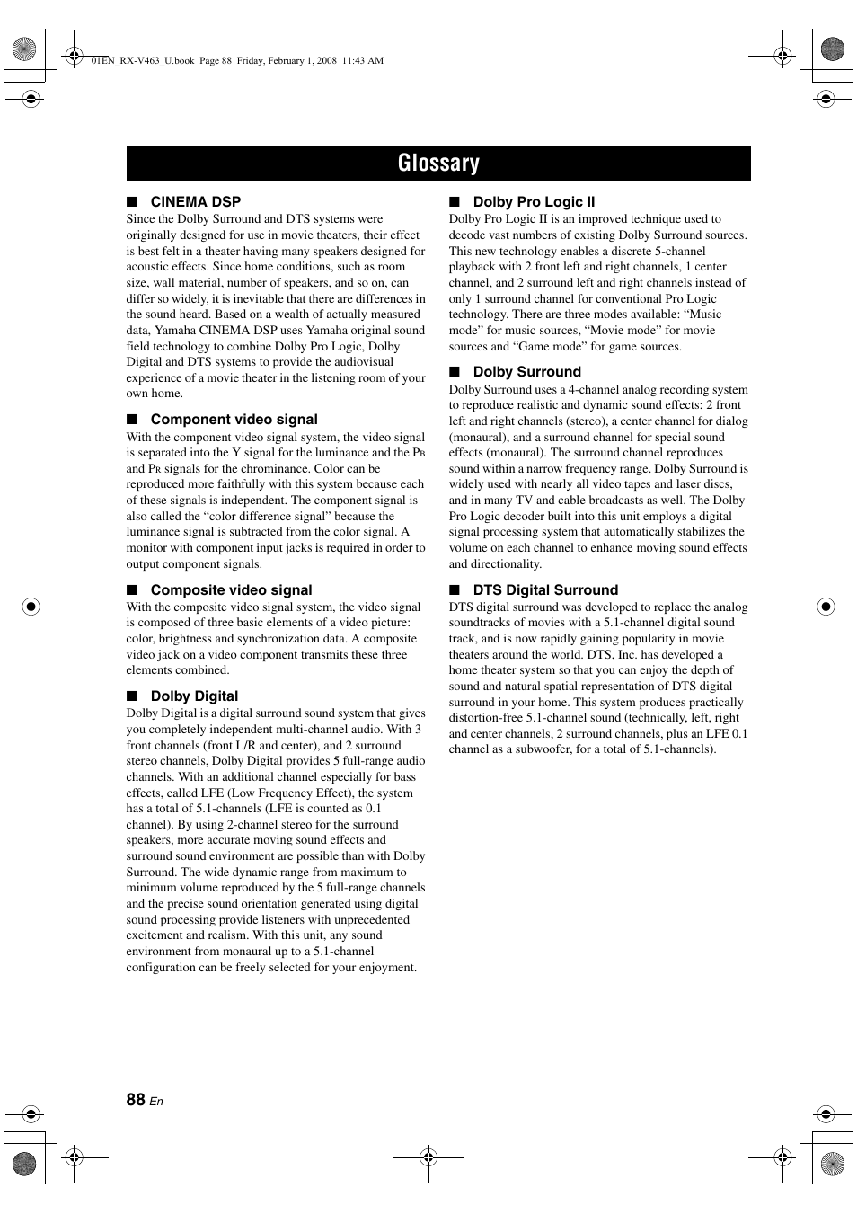 Glossary | Yamaha RX-V463 User Manual | Page 92 / 106