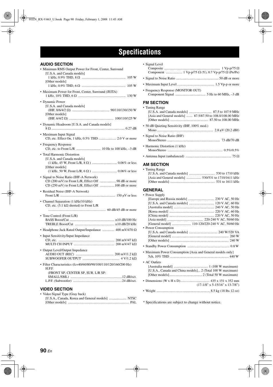 Specifications | Yamaha RX-V463 User Manual | Page 94 / 106