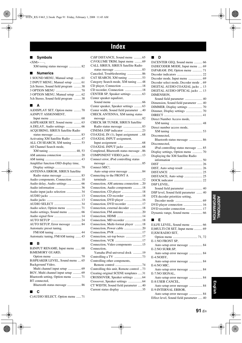 Index | Yamaha RX-V463 User Manual | Page 95 / 106