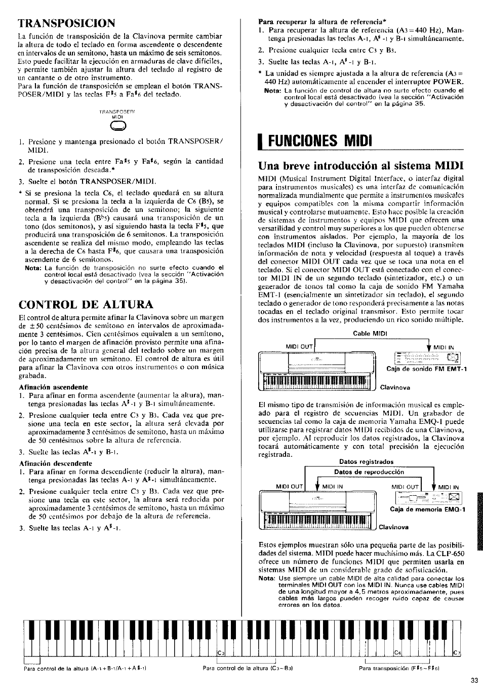 Transposicion, Control de altura, Una breve introducción al sistema midi | Transposition, T1ппг 1г 1пг1г ж, Milllili milllili ж, I funciones midi | Yamaha Clavinova CLP-650 User Manual | Page 11 / 19