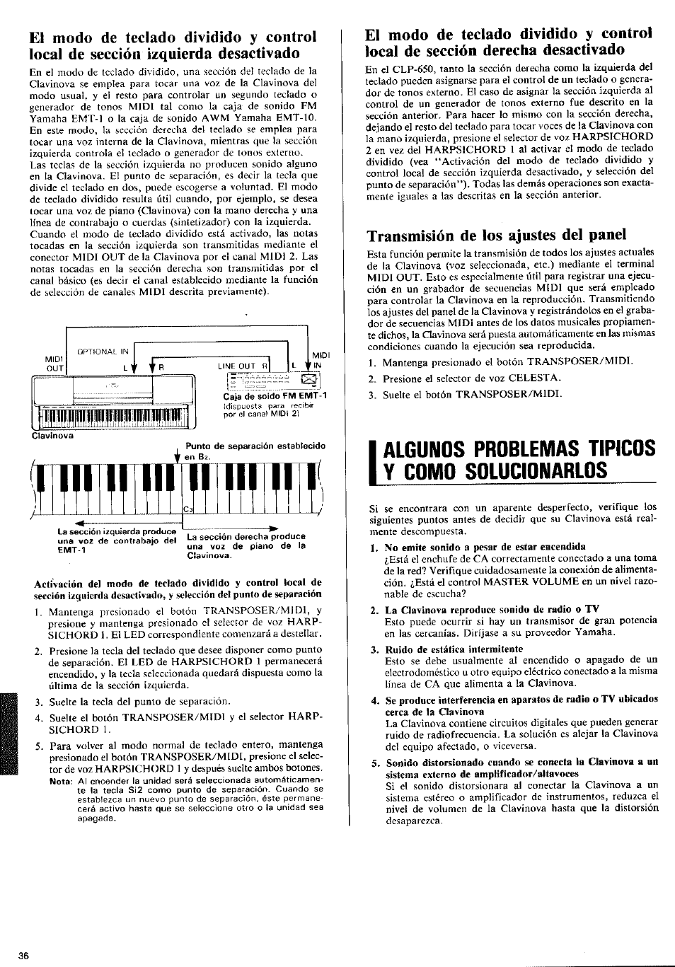 Transmisión de los ajustes del panel, Mifflilll, Algunos problemas tipicos y como solucionarlos | Clavinova caja de soido fm emt-1, De separación establecido | Yamaha Clavinova CLP-650 User Manual | Page 14 / 19